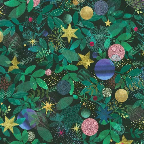Holy Night - Tossed sprigs & ornaments - Midnight - leaves & stars w/gold metall