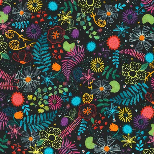 Garden Lights - Floral - Starry Night - bright florals & ferns on dark blue