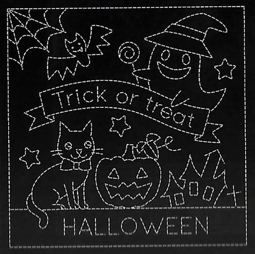 Sashiko Sampler - Happy Halloween on black, 13.5 x 27