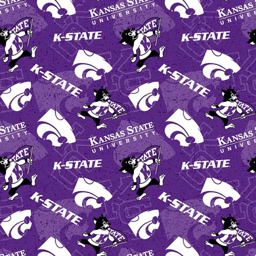 Kansas State - College Prints - Willie The Wild Cat & Text - White on purple