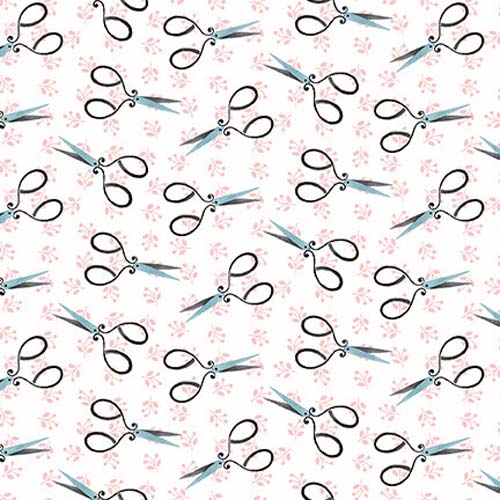 Love You Sew - Tossed Scissors- Multi - scissors on white w/pink sprigs