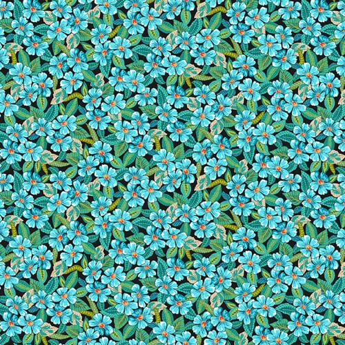 Hothouse Magic - Small Floral- Black - packed blue flowers on black