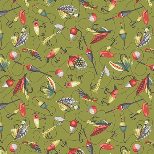 River Rhythms - Flies and Lures - Grass - fishing lures & bobbers on green