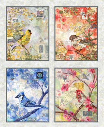 Air Mail -1yd. PANEL Four Bird1s5x19in. Blocks - collage style birds on branches