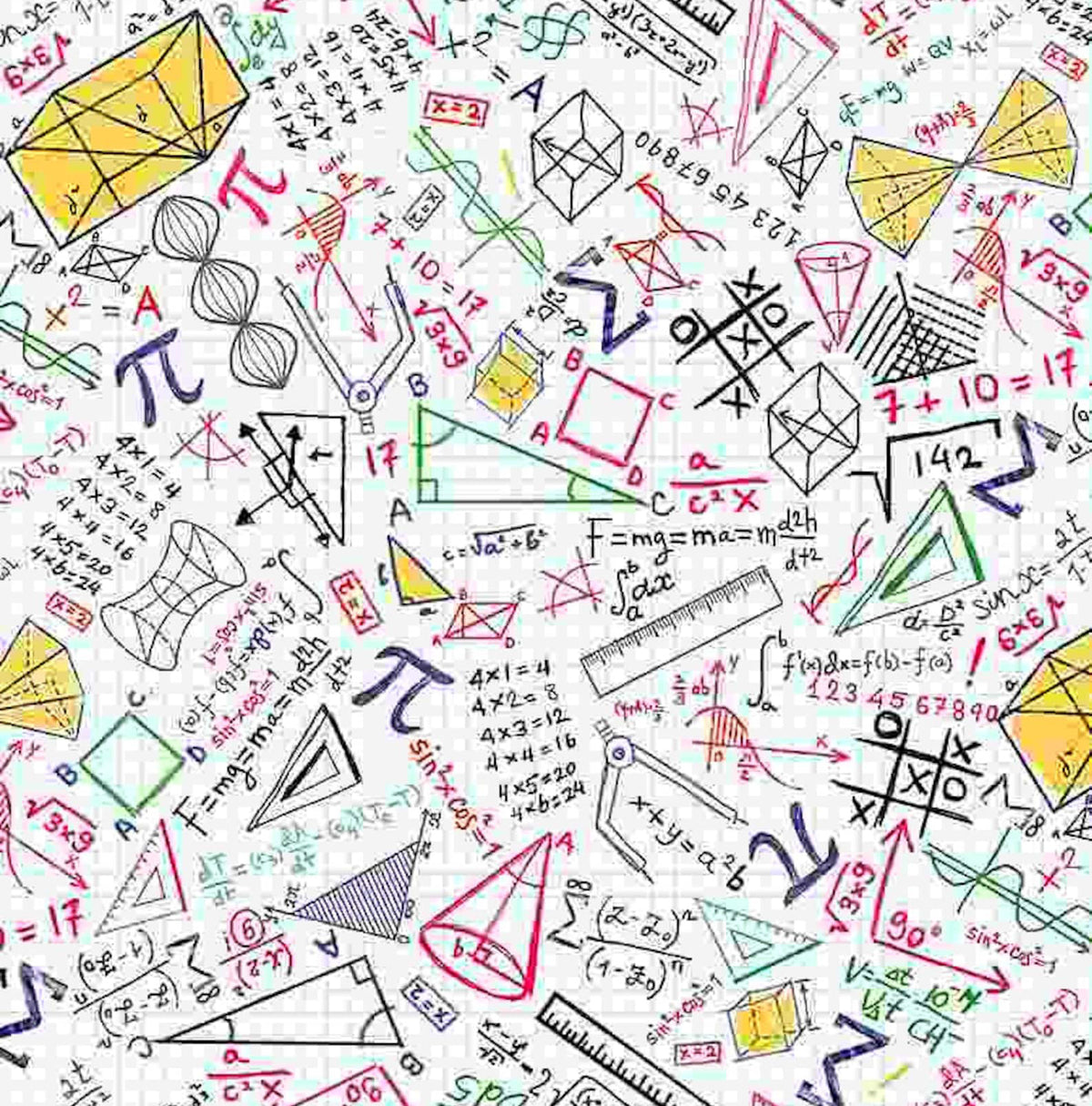 Mathmatics - Colorful math doodles on grid, white background