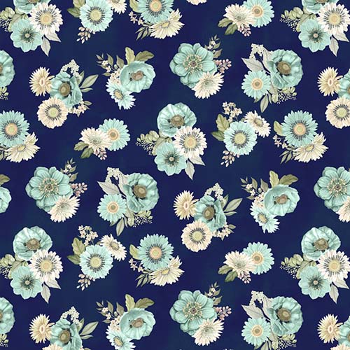 Blissful - Floral Toss - Navy - Cream & aqua flowers on navy