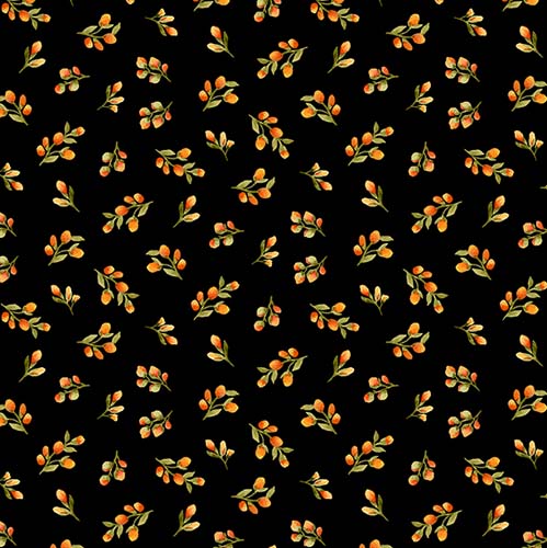 Sunflower Splendor - Floral Bud Toss - Black - orange sprigs on black