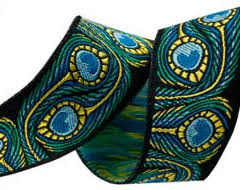 Rennaisance Ribbons - Blue/Green Peacock Feathers on Black, 7/8 inch