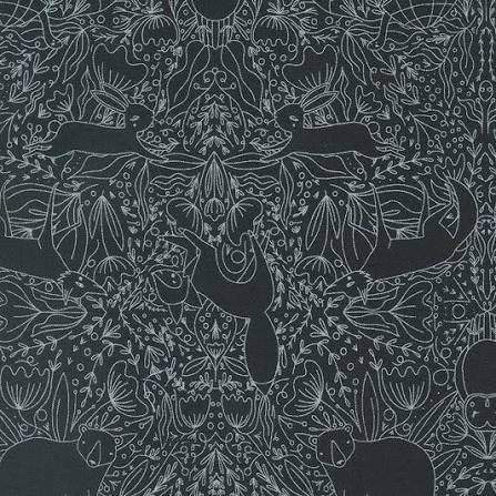 Woodland Wonder - Frolic - Midnight - white animal line drawings on black