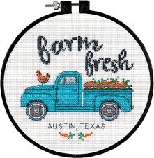 Farm Fresh Cross stitch Kit with 6" Black hoop by Dimensions Stitchery