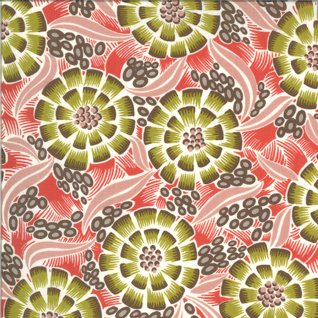 Winkipop - Sea Anemone - Kelp- olive green floral on salmon red by Jen Kingwell