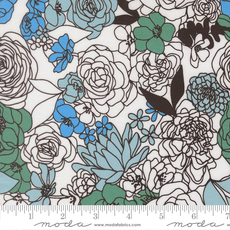 True To Hue - Hidden Facet Florals - Dusty Sky - floral in blues on white