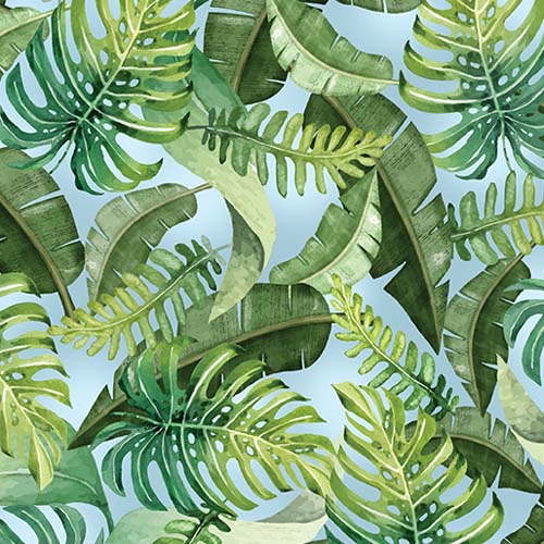 Paradise Awaits - Leaves of Paradise - Blue/Green - tropical leaves on blue