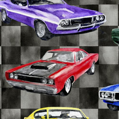 Road Runners - Road Running - Gray - muscle cars on black & gray check