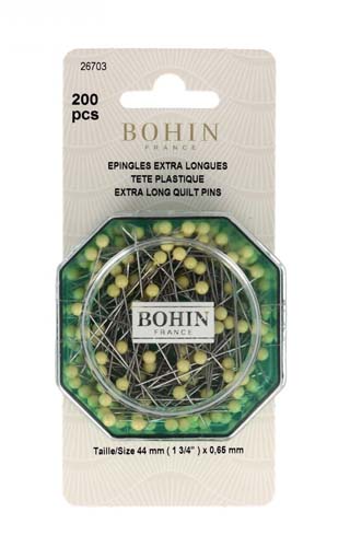 Bohin France-200 Extra Long Quilt Pins-1 3/4in. 45mm- Plastic Head size 28