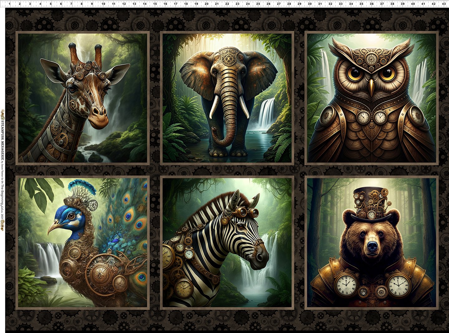 Steampunk Menagerie - 31 in PANEL - 6 smaller patches w/ steampunk animals