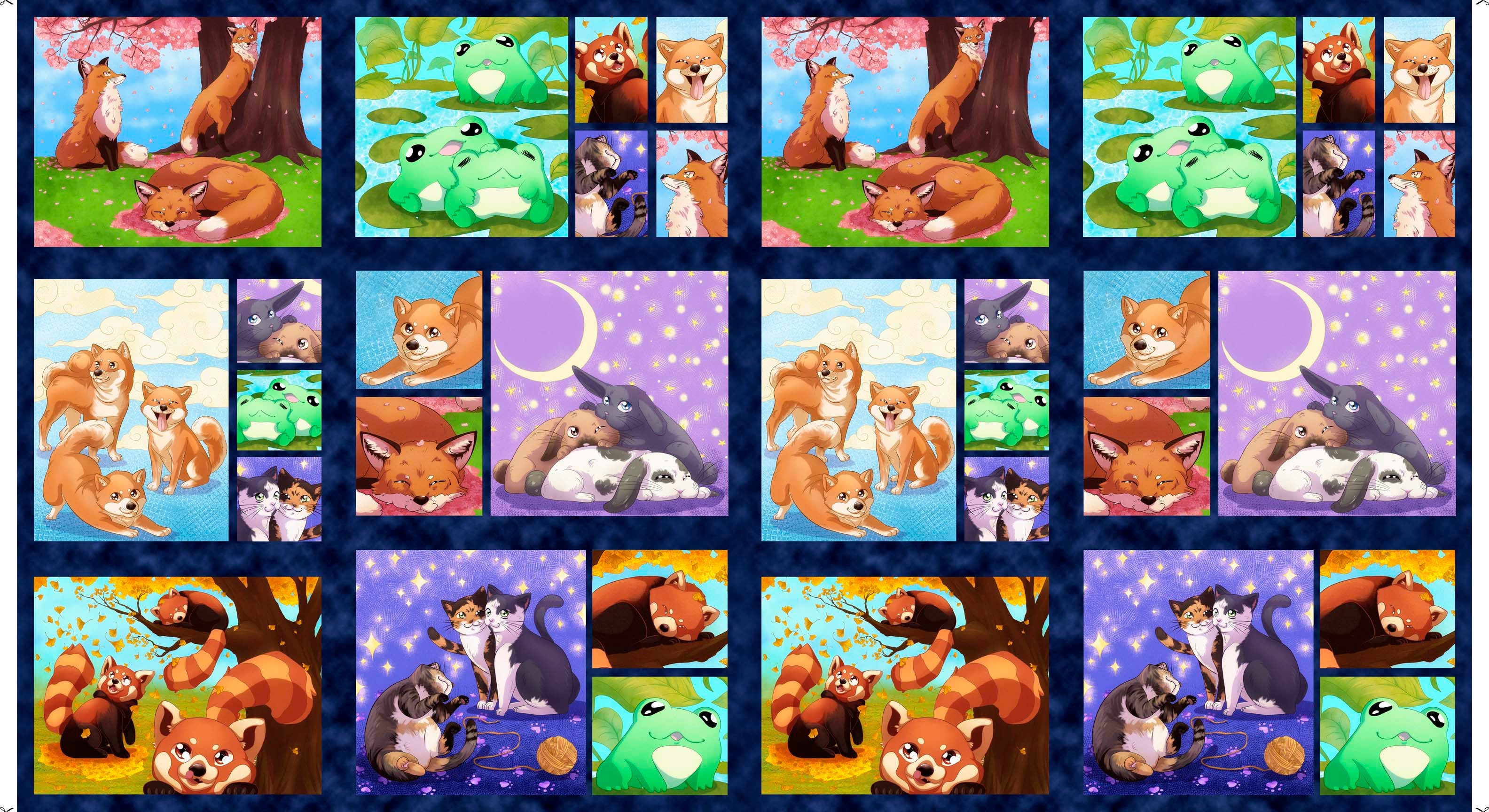 Anime Friends - PANEL approx. 24 inches. - Multi - 12 animal patches (134)
