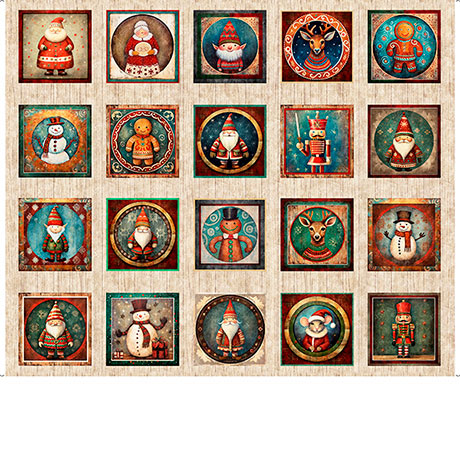 Santa's Workshop - Christmas Character Picture PANEL 1 yard - 20 smaller patches