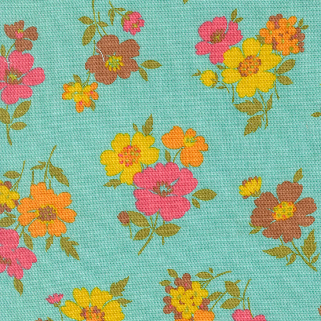 Happy Daze - Groovy Garden - Aqua - pink & orange floral on aqua