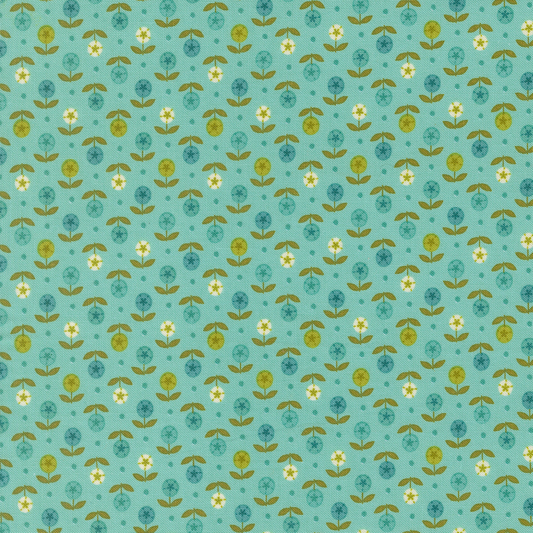 Happy Daze - Flower Dot - Aqua -  rows of blue & green flowers on aqua