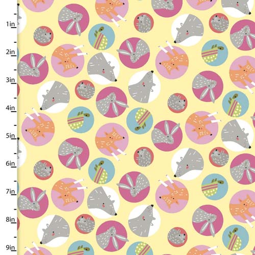 Flannel - Friendship Forest - Circle Faces - Yellow - circles w/ animals