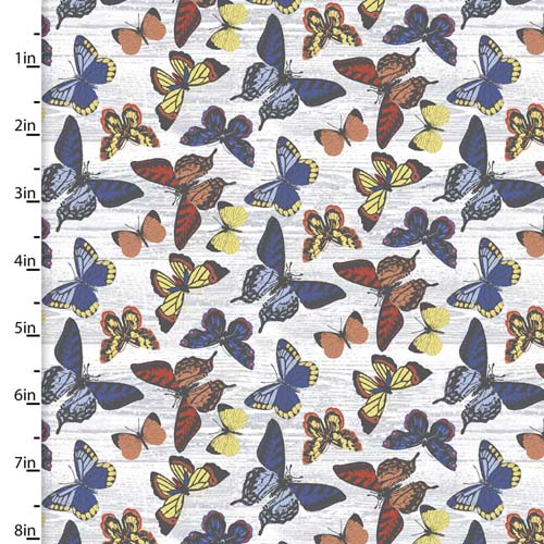 Flower Junction - Flutter By -Gray - blue, red and yellow butterflies on gray