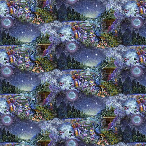 Astral Voyage - Cosmic Village- Multi - nighttime garden scene w/ peacocks