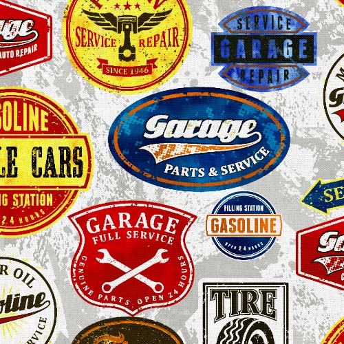 Road Runners - The Speed Shop- White - varied automotive patches on gray/white
