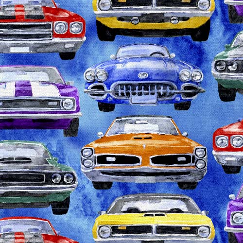 Road Runners - Lift the Hood - Royal - front view  rows of cars on blue