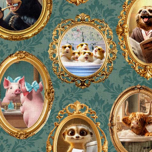 Please Seat Yourself - All Framed Up - Teal - animals in gold frames on teal
