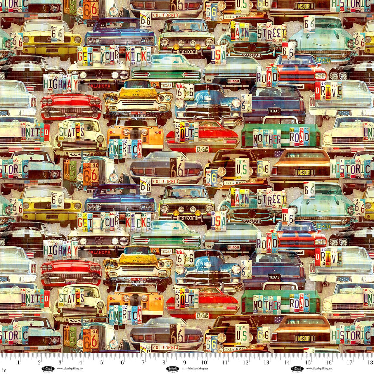 Historic Highway - Retro Cars and License Plates - Multi - cars & plates
