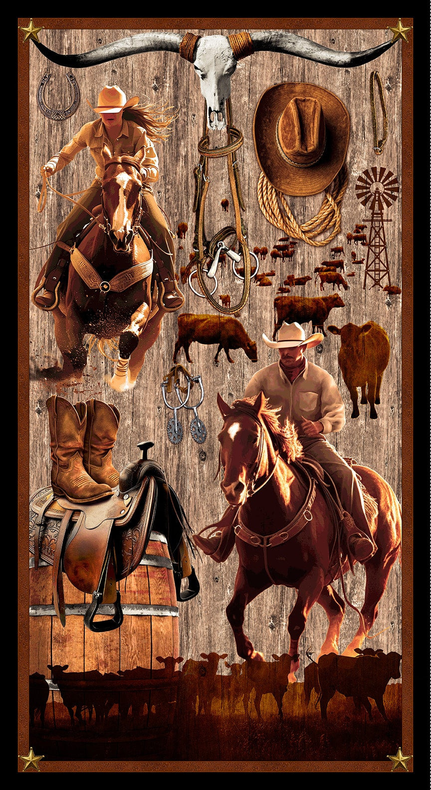 Spurs & Spirit - 24in. PANEL - Cowboys - collage style western themed