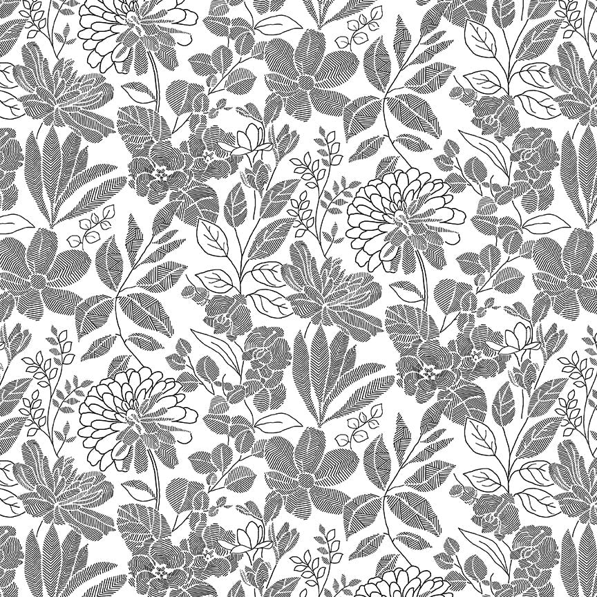 118" Wide Backing -Pen and Ink- Floral - Black and White