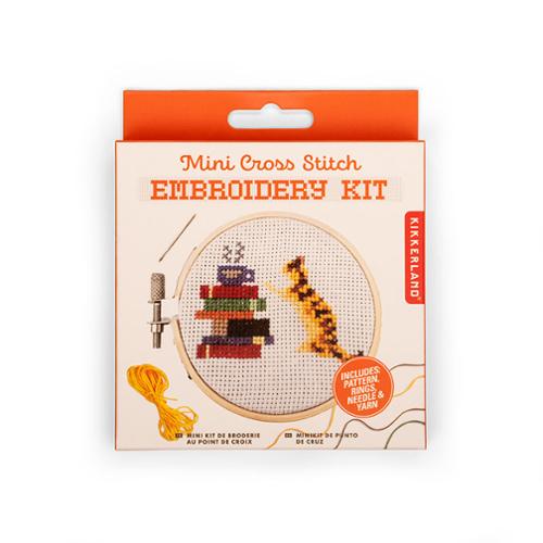 Mini Cross Stitch Embroidery Kit- Cat & books