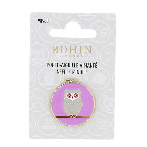 Bohin - Needle Minder -  enamel  - gray owl on purple