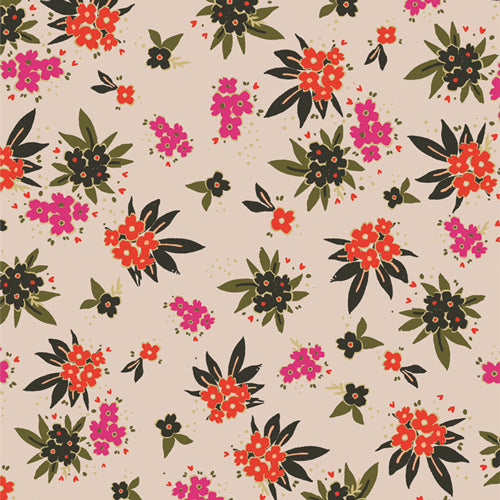 Open Heart - Cherished Gatherings - Gloom -  pink,orange & green floral on tan