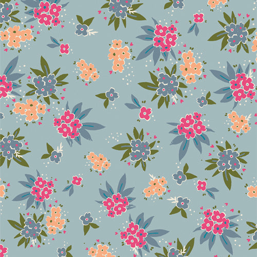 Open Heart - Cherished Gatherings - Glint - pink, peach, & blue floral on blue