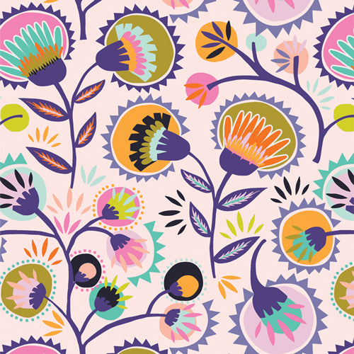 Oh, Meow - Kattaland Flora - multicolored floral on pale pink