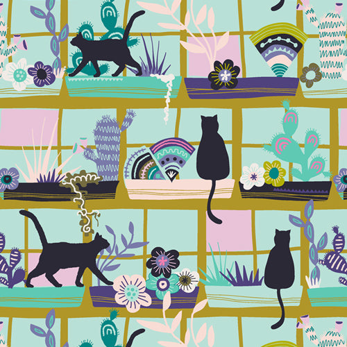 Oh, Meow - Purrlandia - Aqua - Cats & plants in windows on aqua
