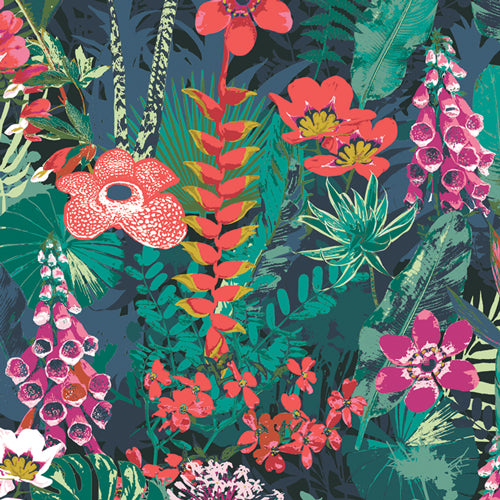 Boscage - Lush Rainforest - Navy - pink & coral flowers & green foliage