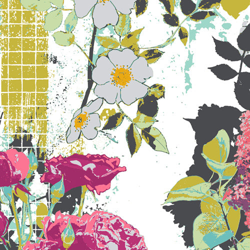 Grid - Framework - Albarise -Chalk - Floral on white & aqua grid