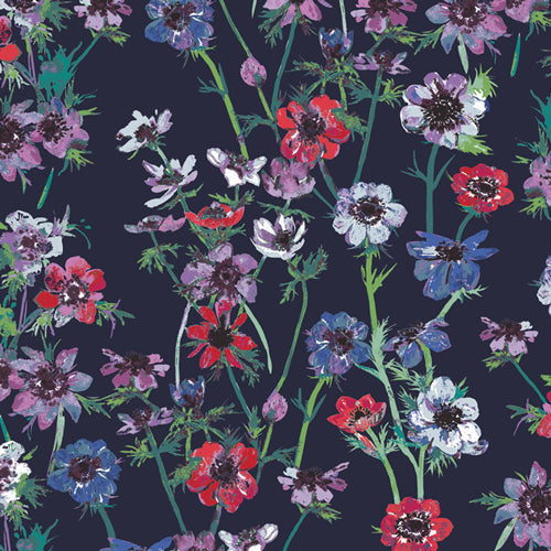 Aquarelle - Anemone Study - Midnight - blue, purple & red floral on dk blue