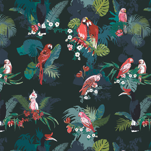 Boscage - Parrot Grassland -  red & white birds on dark green