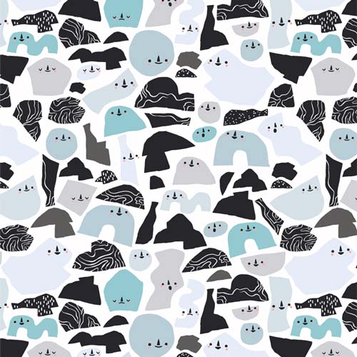 Arctic Tale - Happy Icebergs - black & aqua iceberg shapes with faces on cream