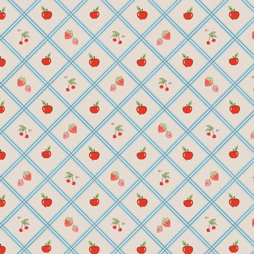 Minimo - Cherry Tiles - Natural - Cherries,strawberries & apples in blue lattice