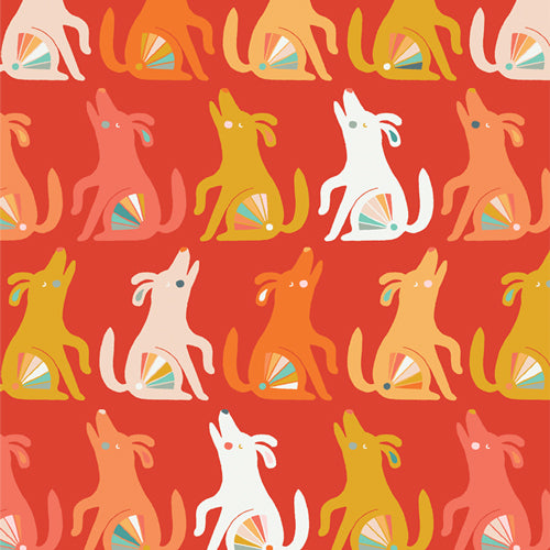 Oh, Woof! - Happy Howl - Dog Stripe - colorful howling dogs on red orange