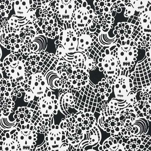 Folklorico - Flora de Los Muertos -  White lacy flowers and skulls on black