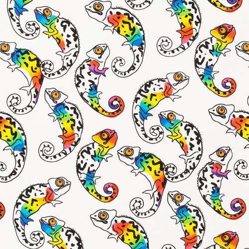 Folklorico - Camaleon - White - Tossed rainbow chameleons on white