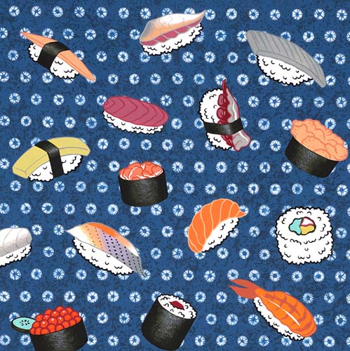 Shibori Sushi - Indigo - rows of sushi on blue