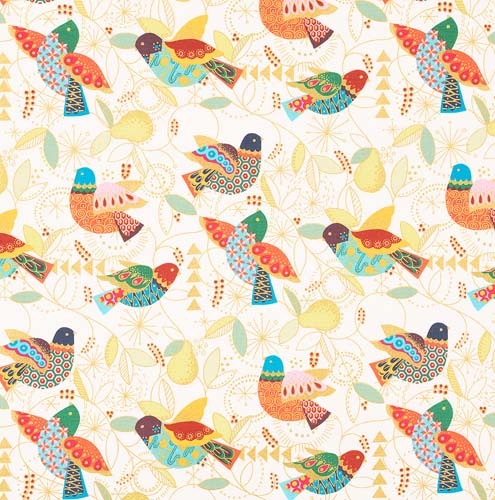 Pajarito de Ore -Tossed med. sized multicolor birds w/metallic accents on cream